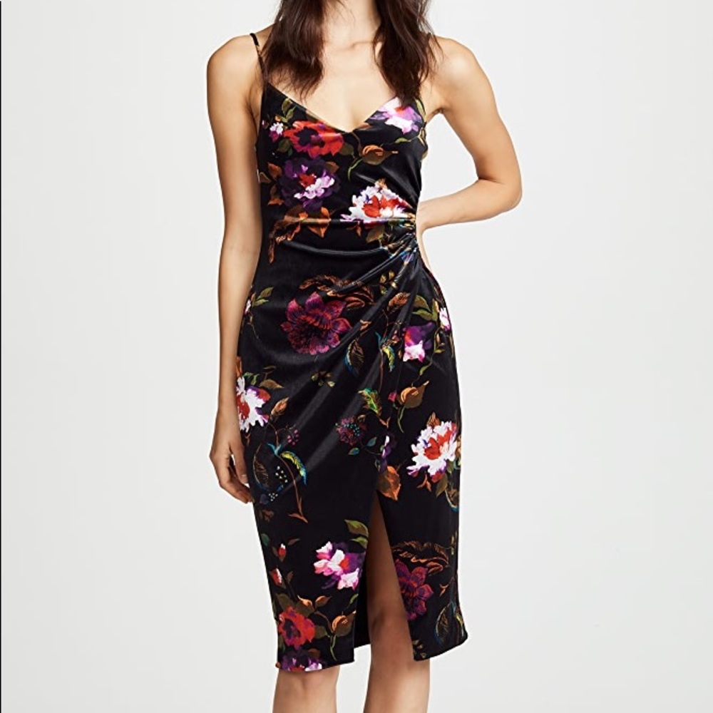 Black Halo Bowery Ruched Floral velvet dress
